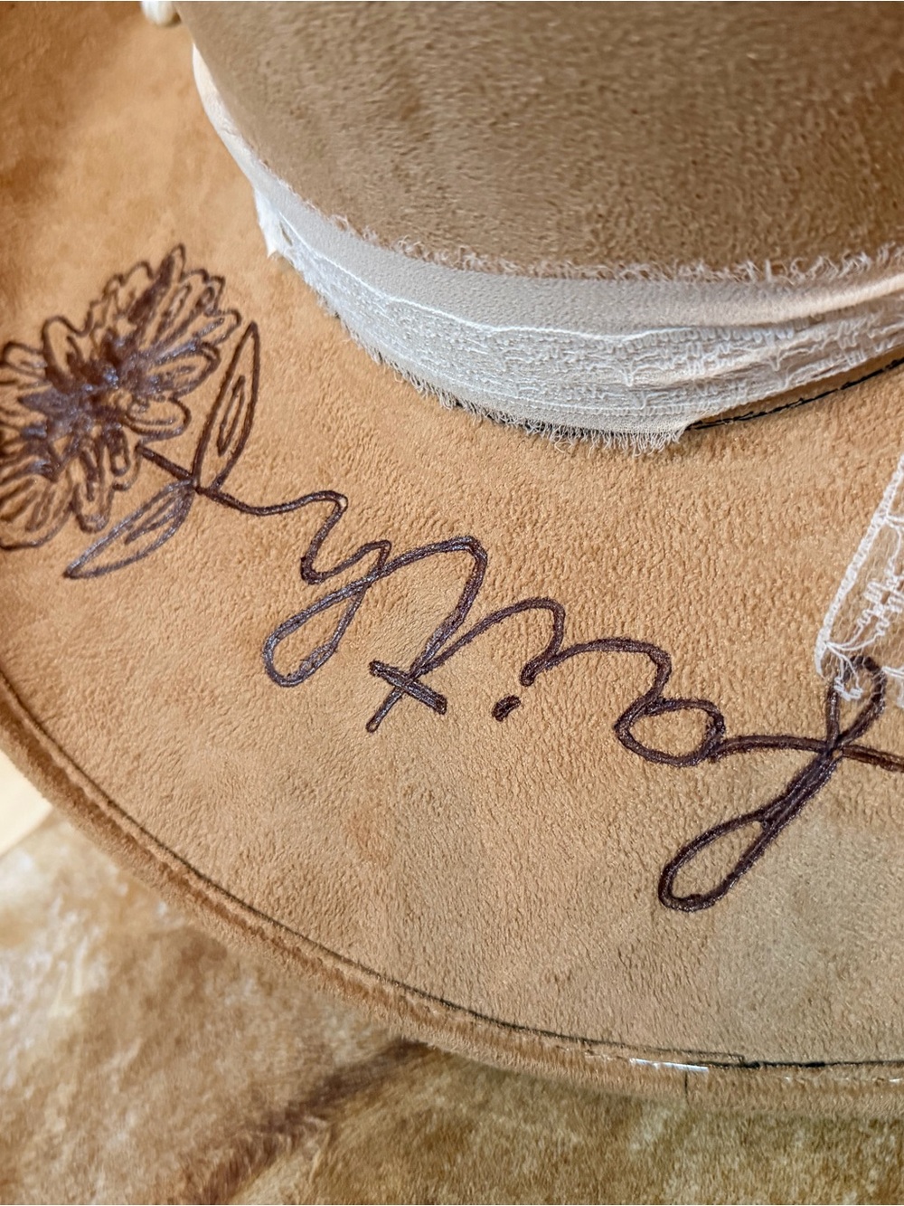 Custom burned cowgirl tan suede Wide Brim Hat with Lace Band - Picture 6 of 12